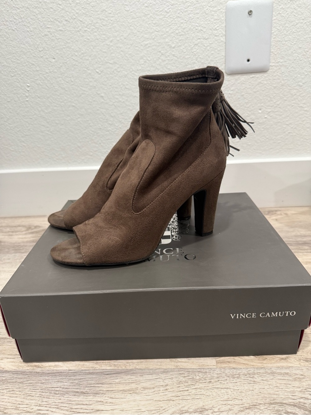Vince Camuto Dark Brown Suede Peep-Toe Tassel Ankle Booties